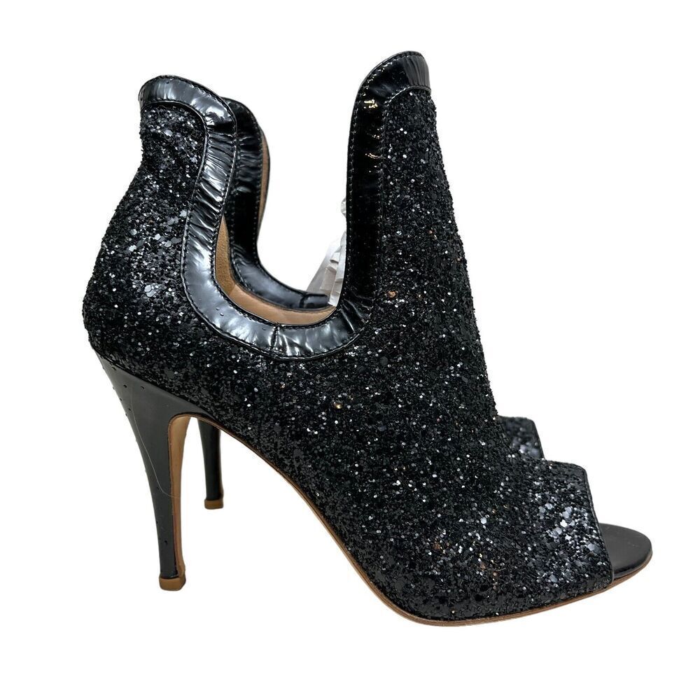 Jerome C Rousseau Bootie‎ Patent Heel Black Glitter Peep Toe Women Size EUR 36.5